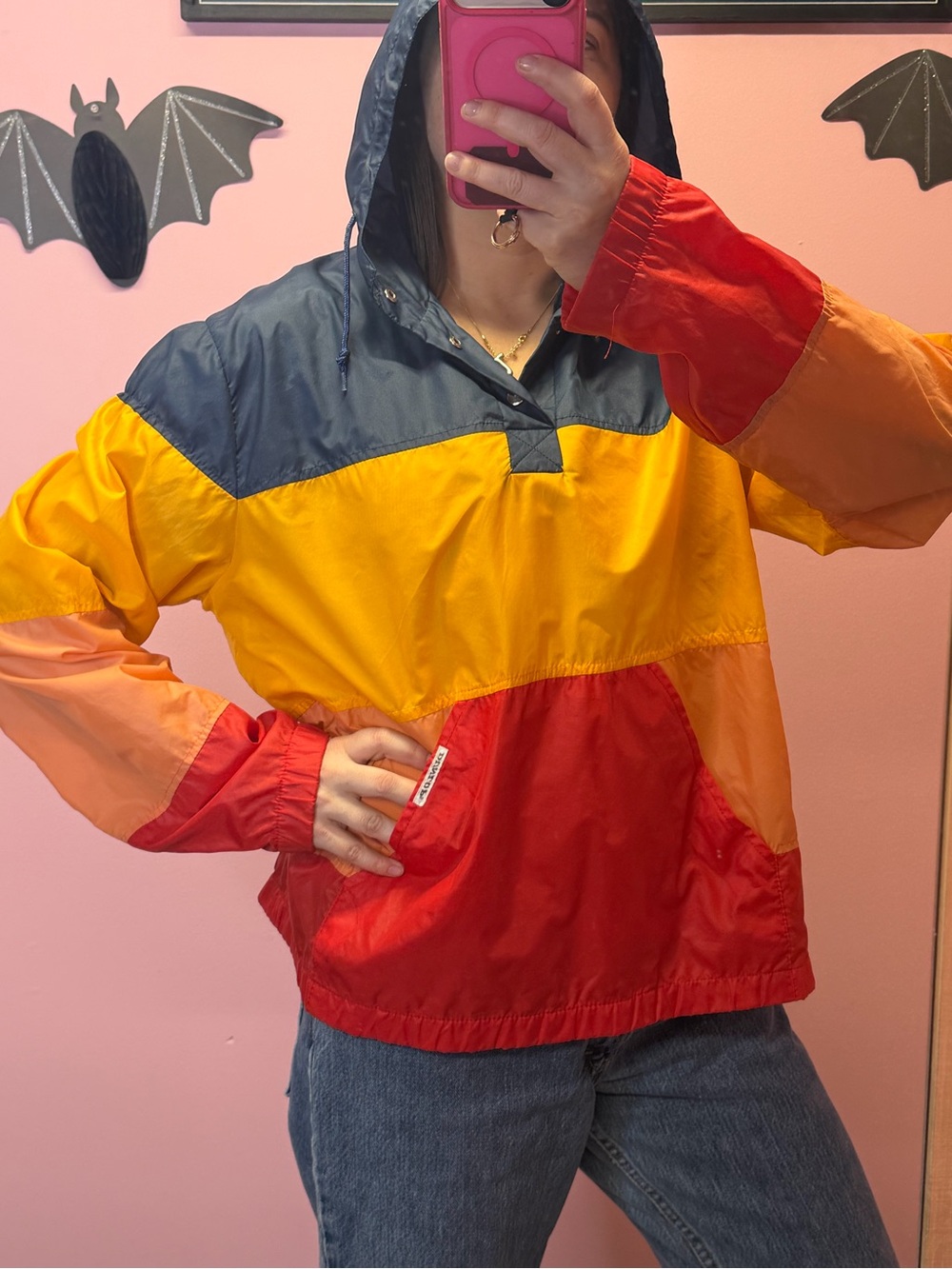 Vtg DUNLOP Men's Rainbow Windbreaker and hood 3 Snap Button Sz large